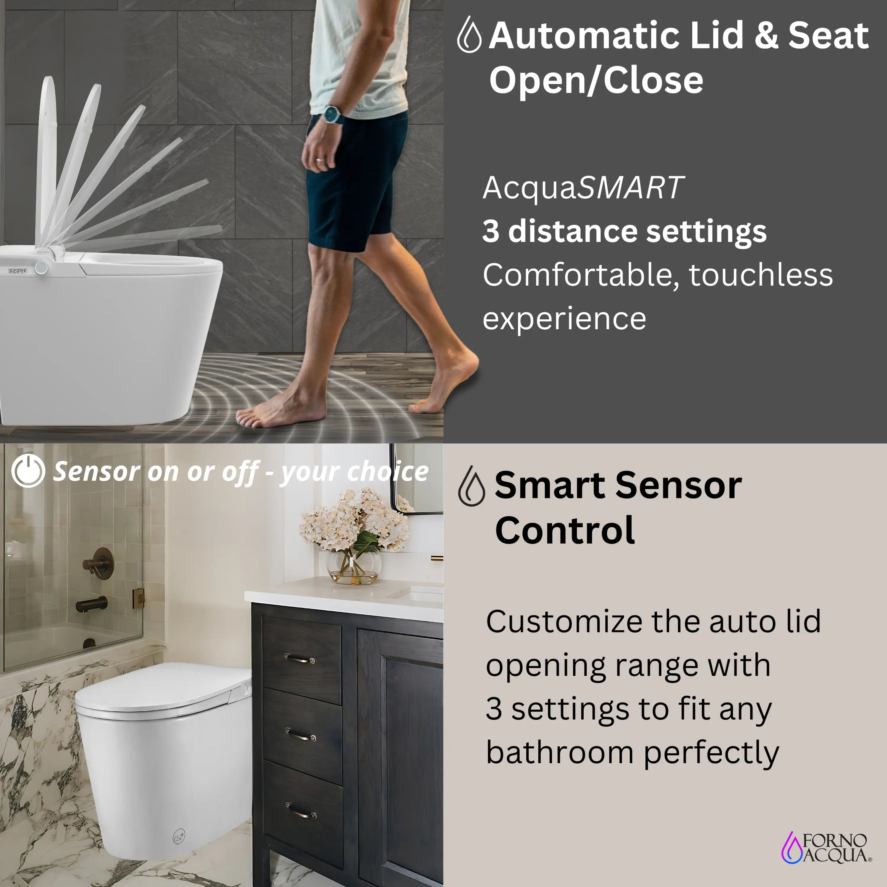 White smart toilet with automatic lid and seat open/close for touchless use