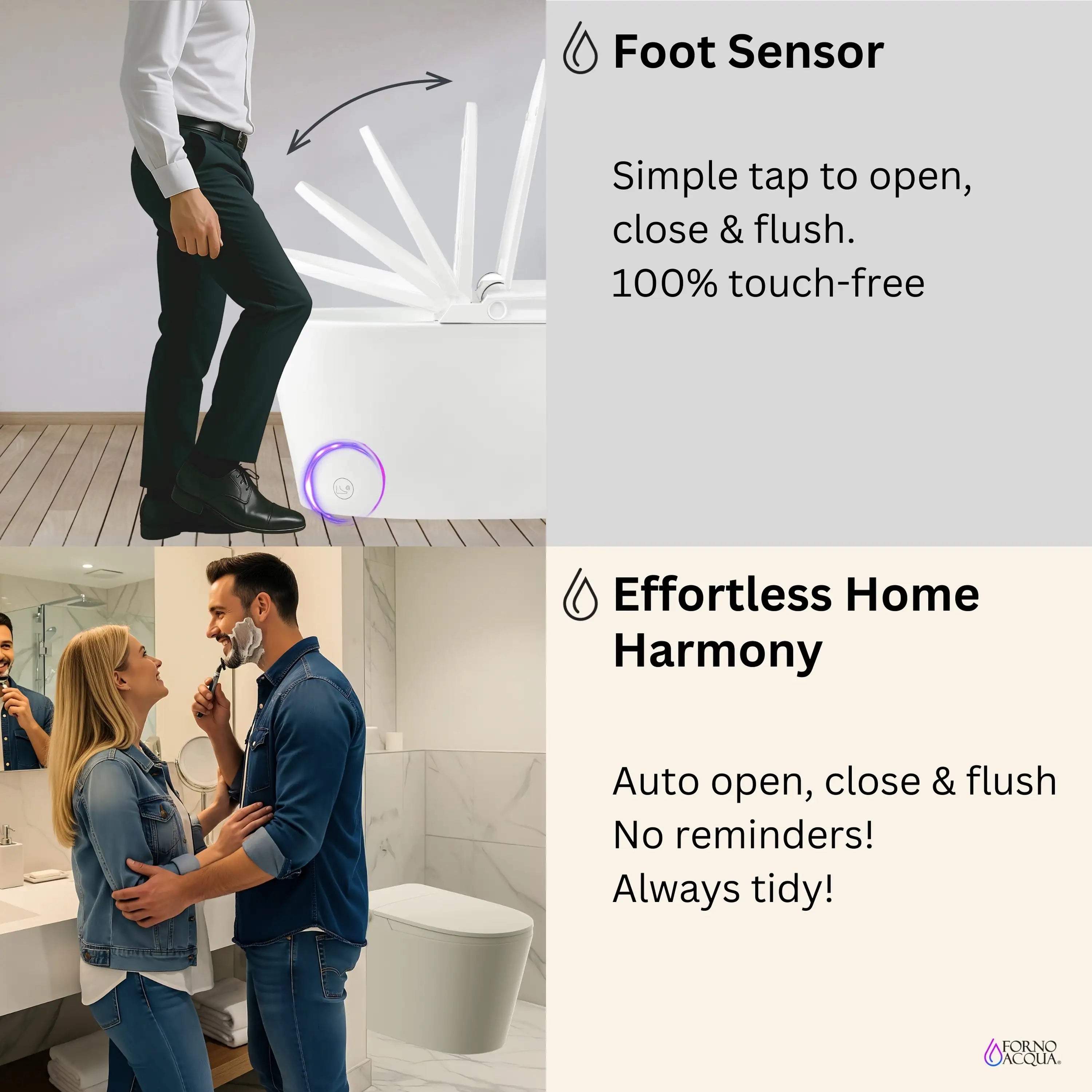 Smart toilet with foot sensor, sleek white design and open lid