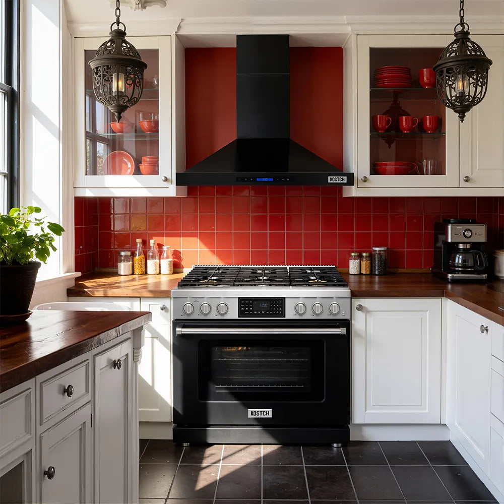 Black range hood mounted above a cooktop, with slatted filter grille and blue display