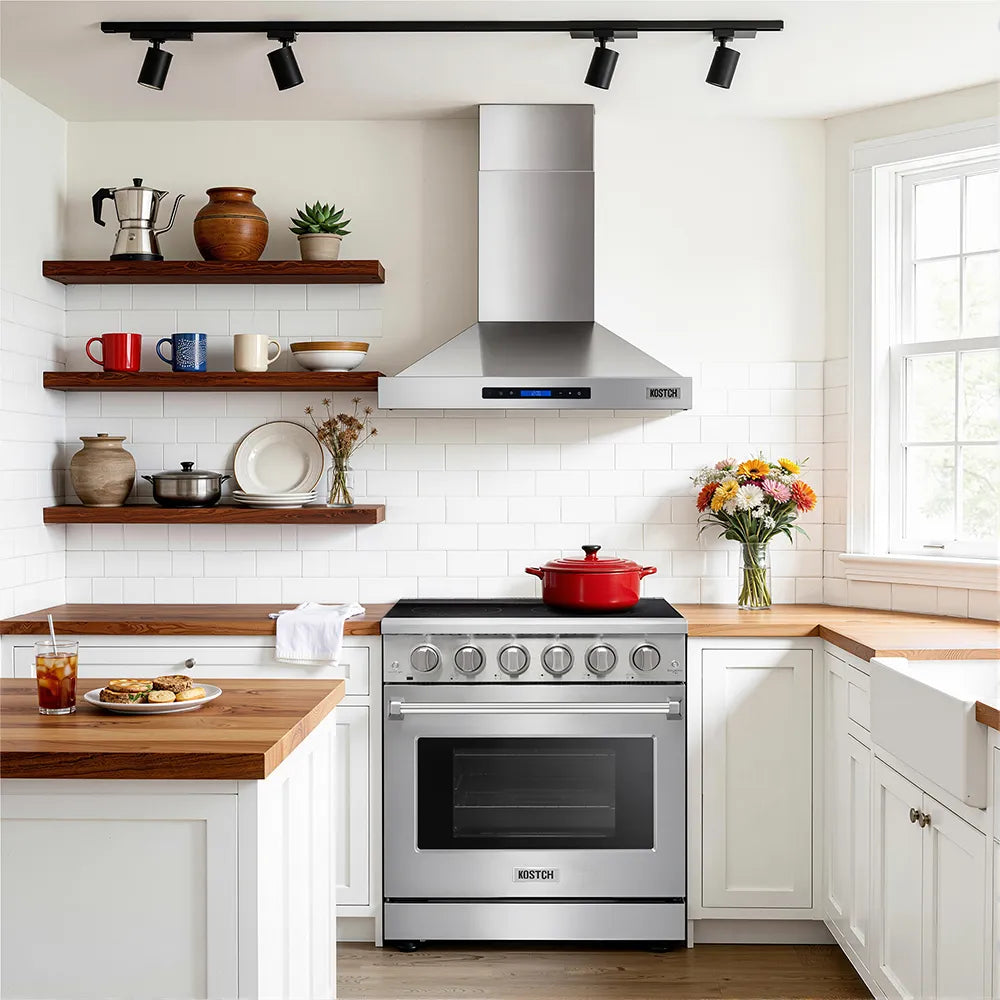 Stainless steel wall-mounted range hood with chimney and blue-lit control panel