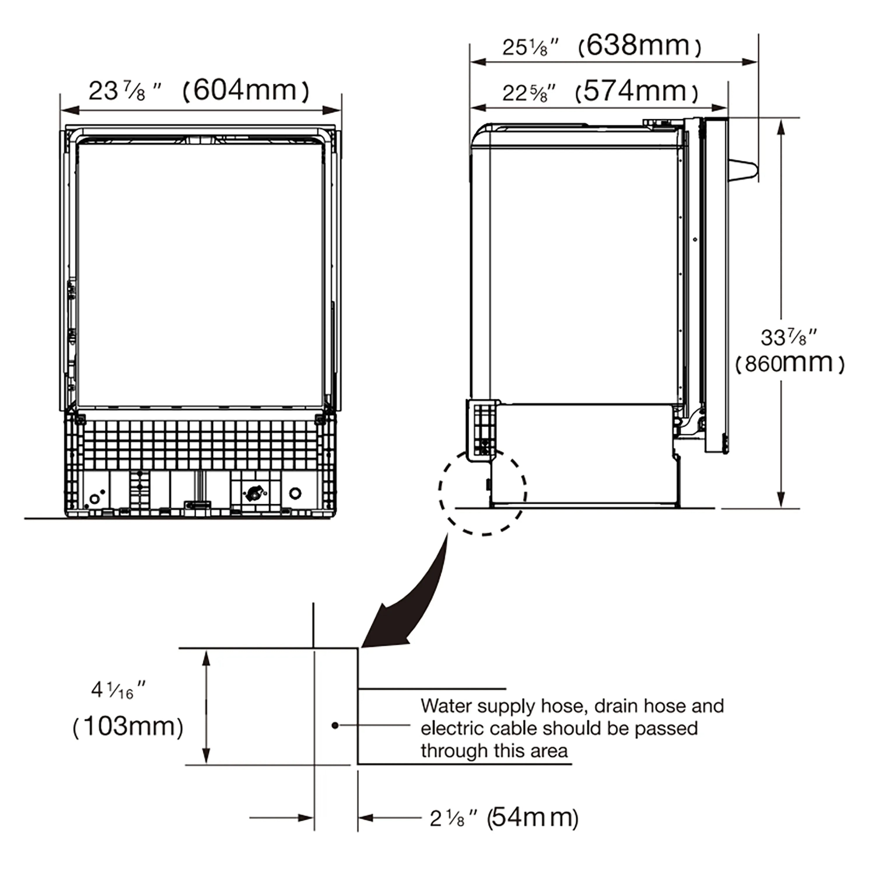 Dishwasher installation dimensions diagram with width and height measurements