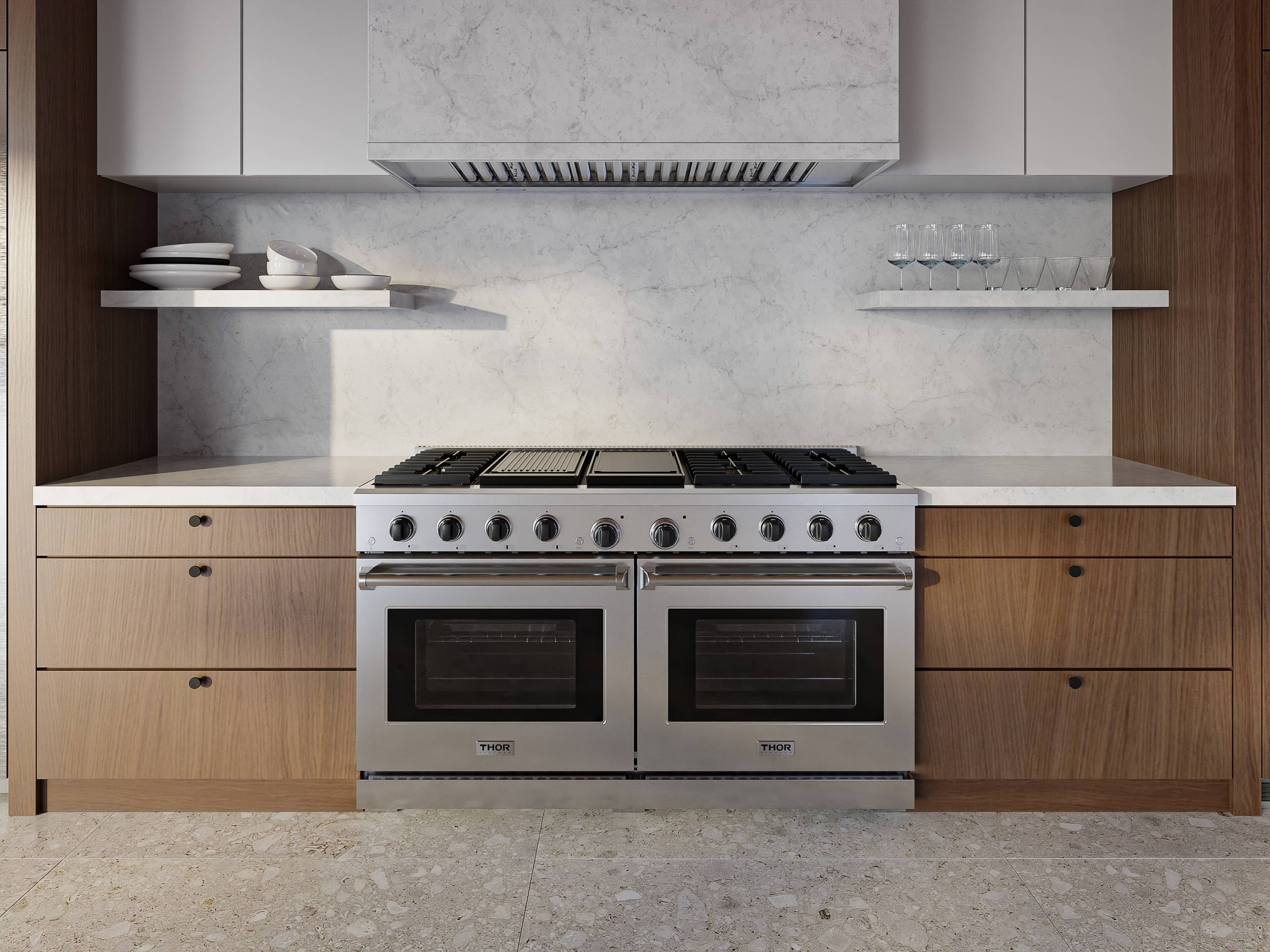 Built-in stainless gas range with black glass oven doors and front burner controls