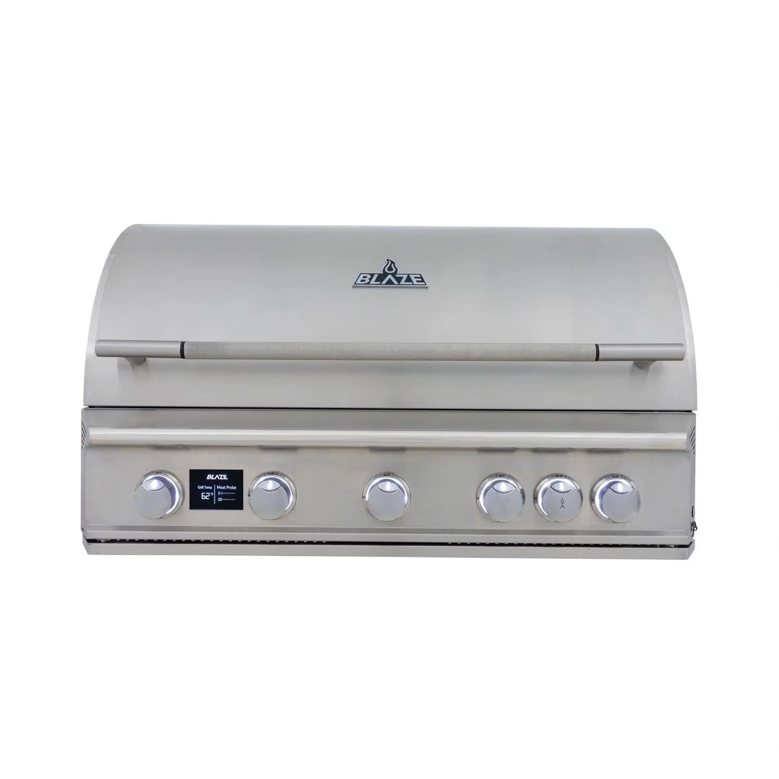 Stainless steel built-in natural gas grill with front control knobs and digital temperature screen