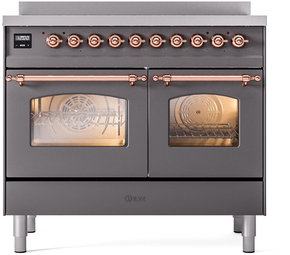 Freestanding electric induction range, matte graphite with copper control knobs and two glass ovens