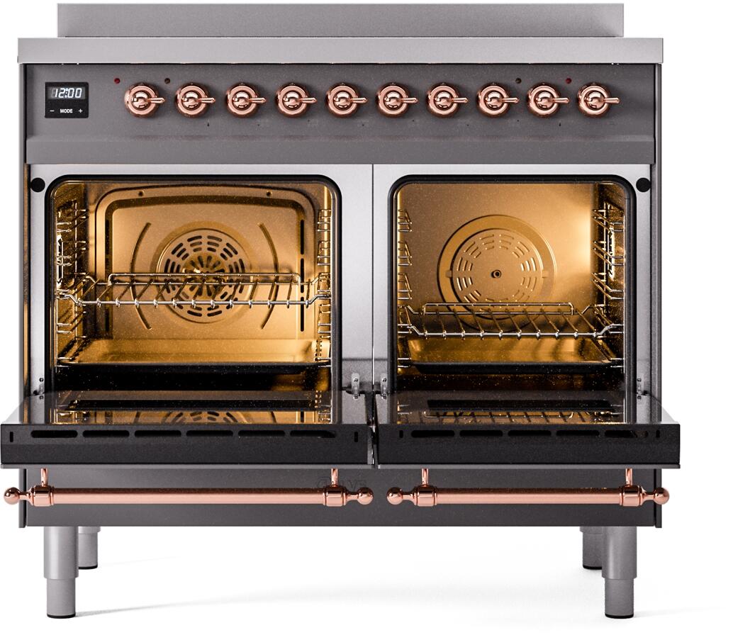Freestanding electric induction range with both oven doors open, showing racks and copper handles
