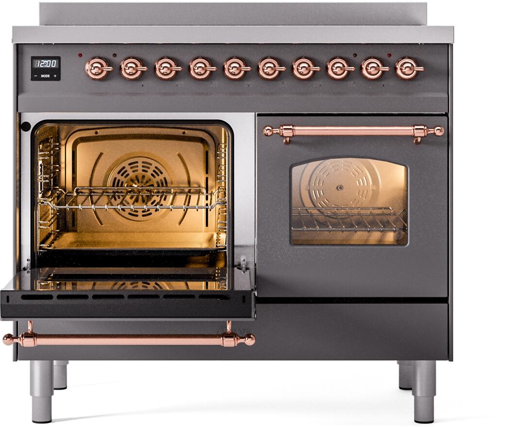 Freestanding electric induction range with left oven open and copper handle bar detail