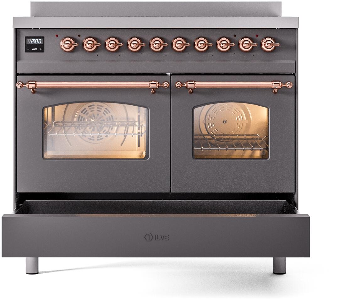 Freestanding electric induction range with both oven doors open, matte graphite and copper controls