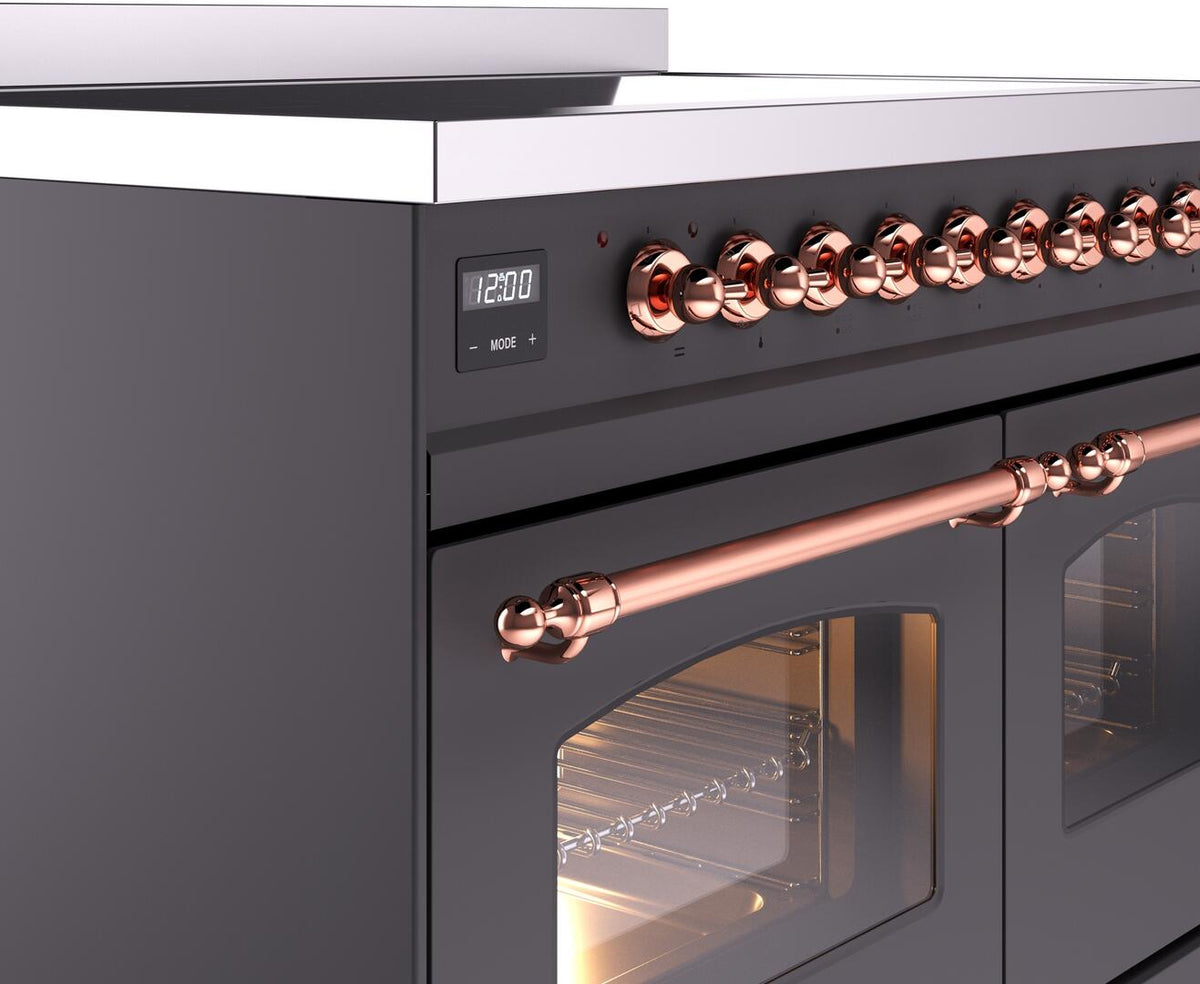 Freestanding electric induction range control panel with copper knob set and door handle