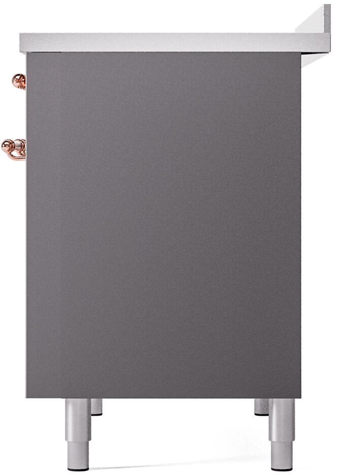 Matte graphite range end panel with four leveling feet and a top vent overhang