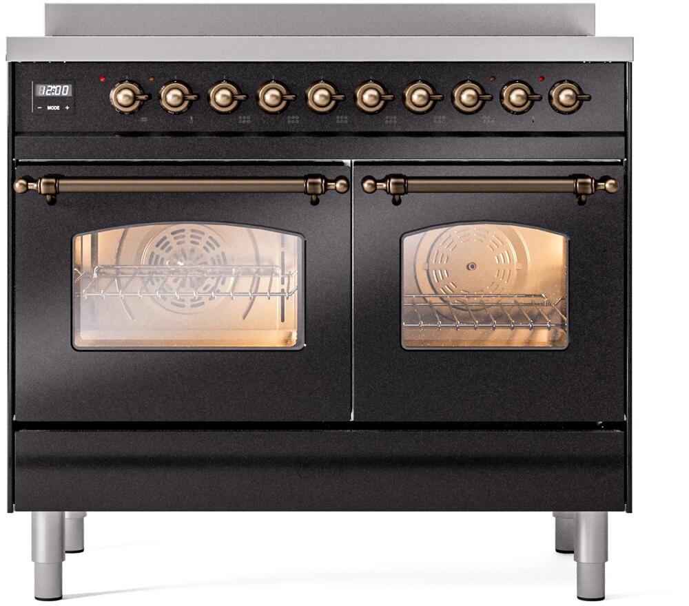 Front view of black freestanding range with bronze knob control panel