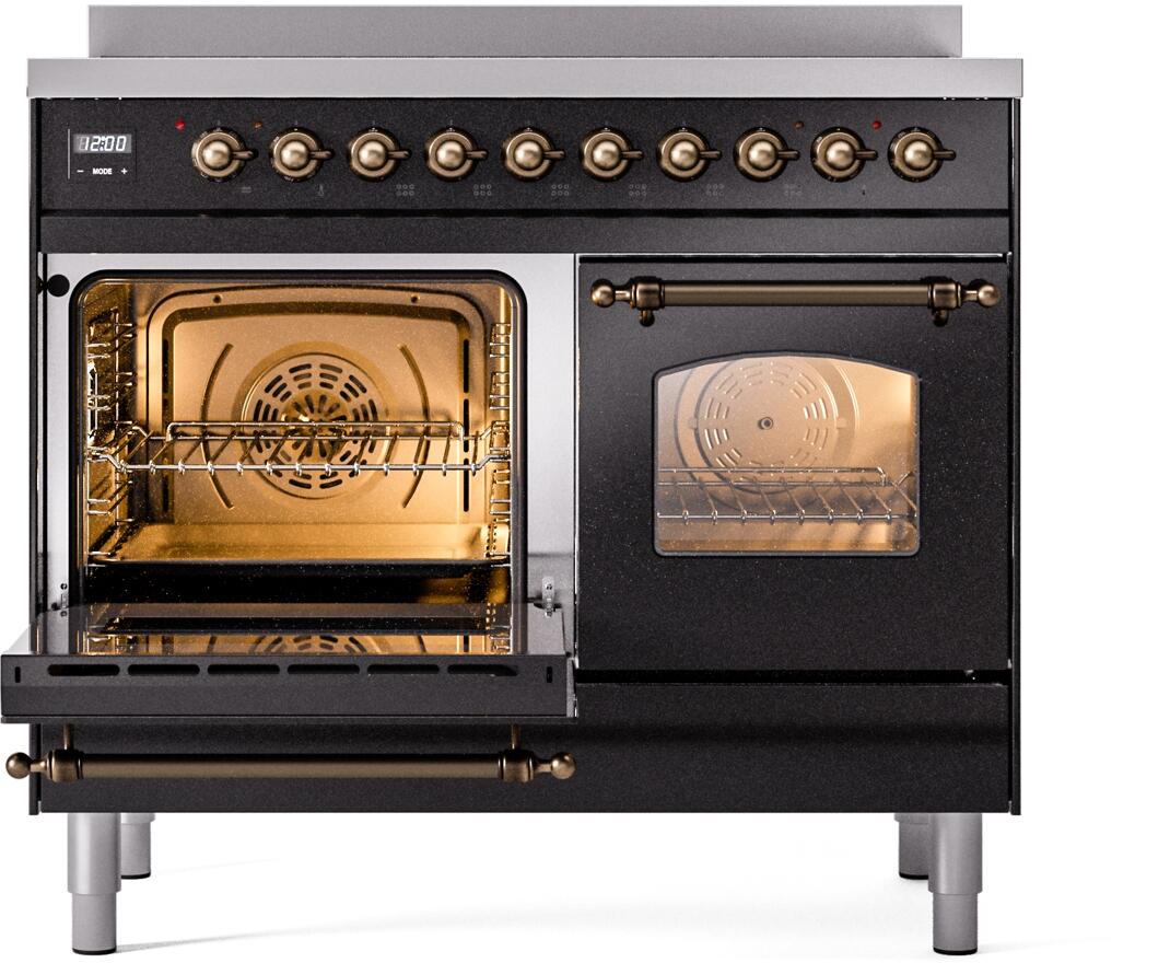 Induction range with left oven door open showing warm interior and rack