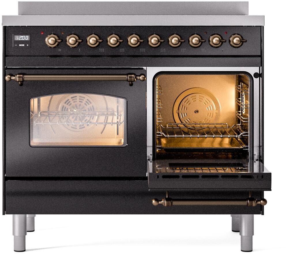 Freestanding range with right oven door open, warm interior, and oven rack