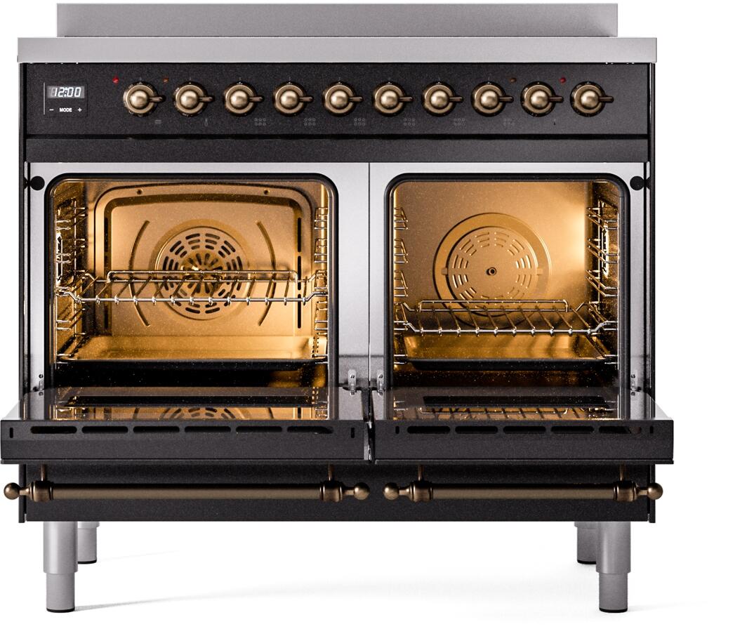 Induction range with both oven doors open, warm interiors and two racks