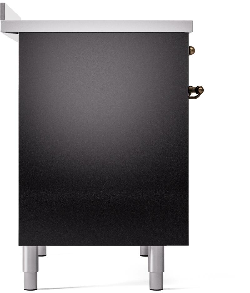 Black freestanding range cabinet with bronze handle and leveling feet