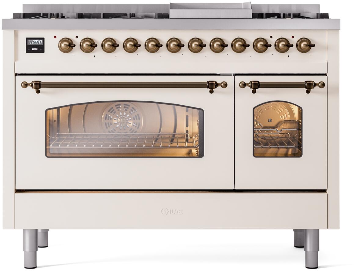 Freestanding dual fuel range front view, antique white with bronze control knobs