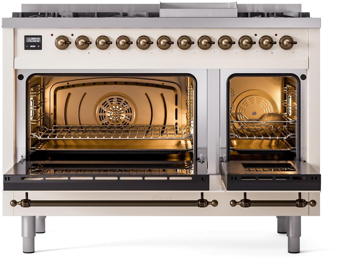 Freestanding range with both ovens open, bronze interior racks, and control knobs