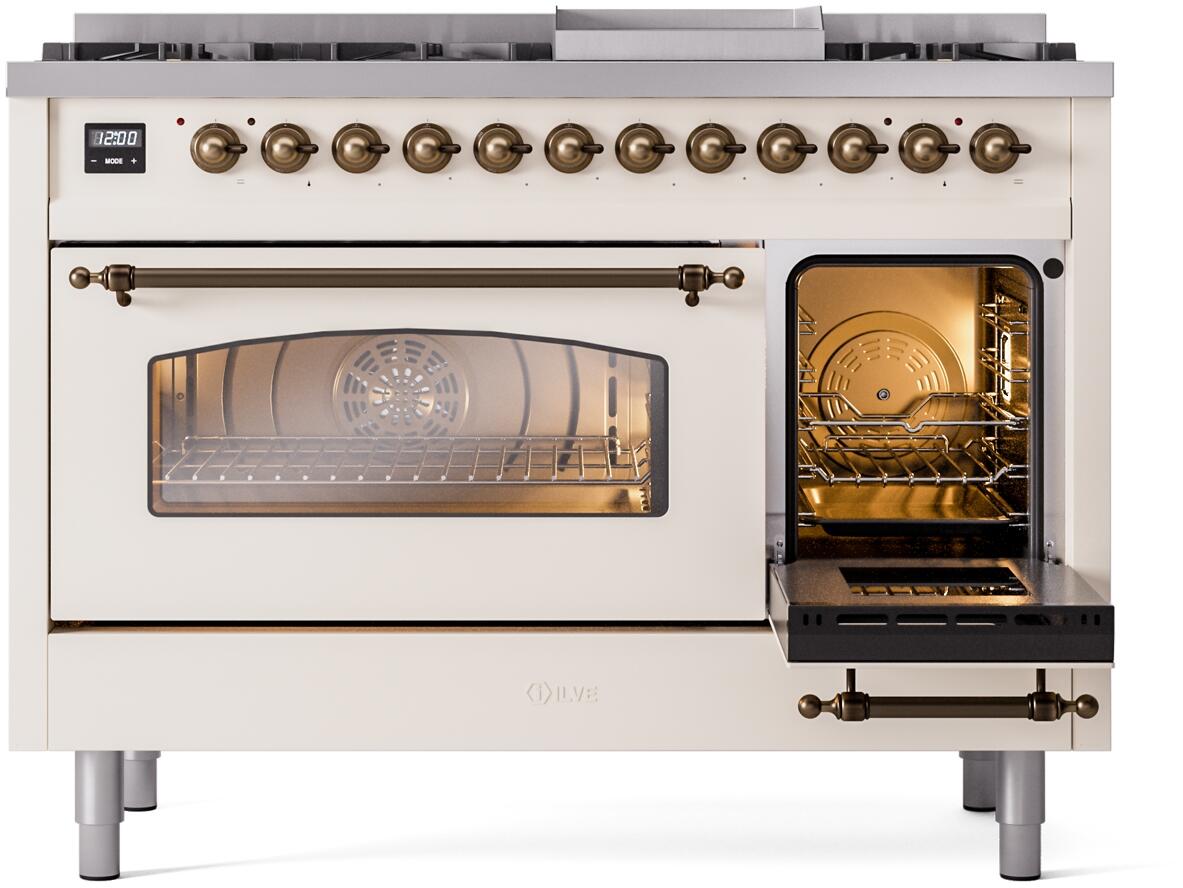 Antique white range with right oven open and interior racks visible behind glass
