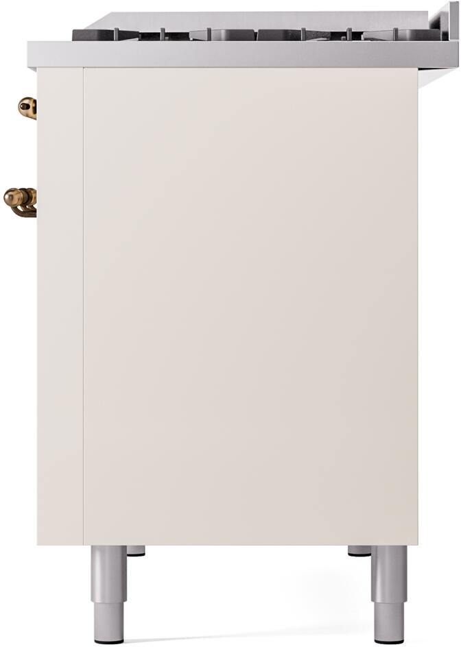 Antique white dual fuel freestanding range rear side panel with bronze hardware