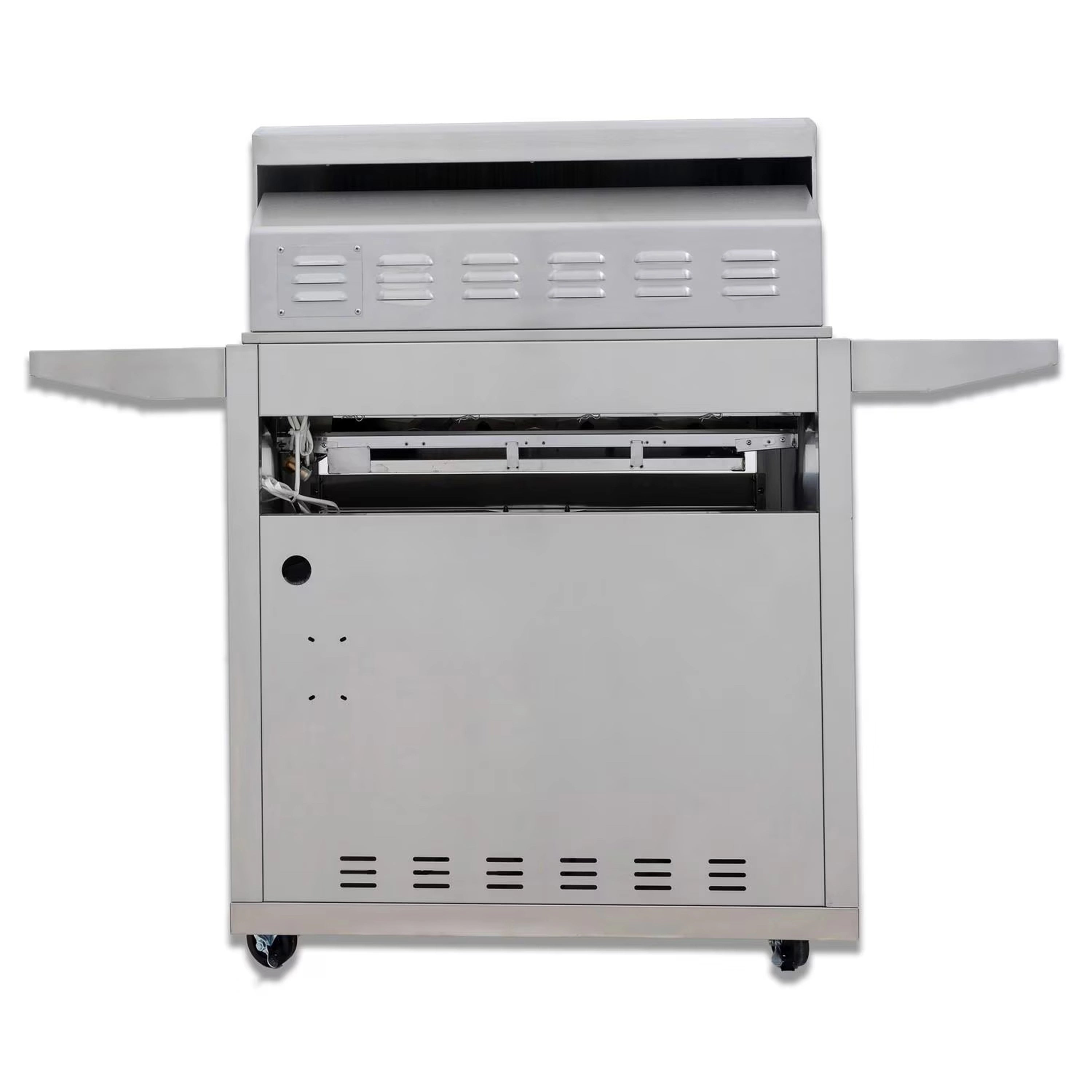 Freestanding stainless steel grill with lid open showing burner compartment