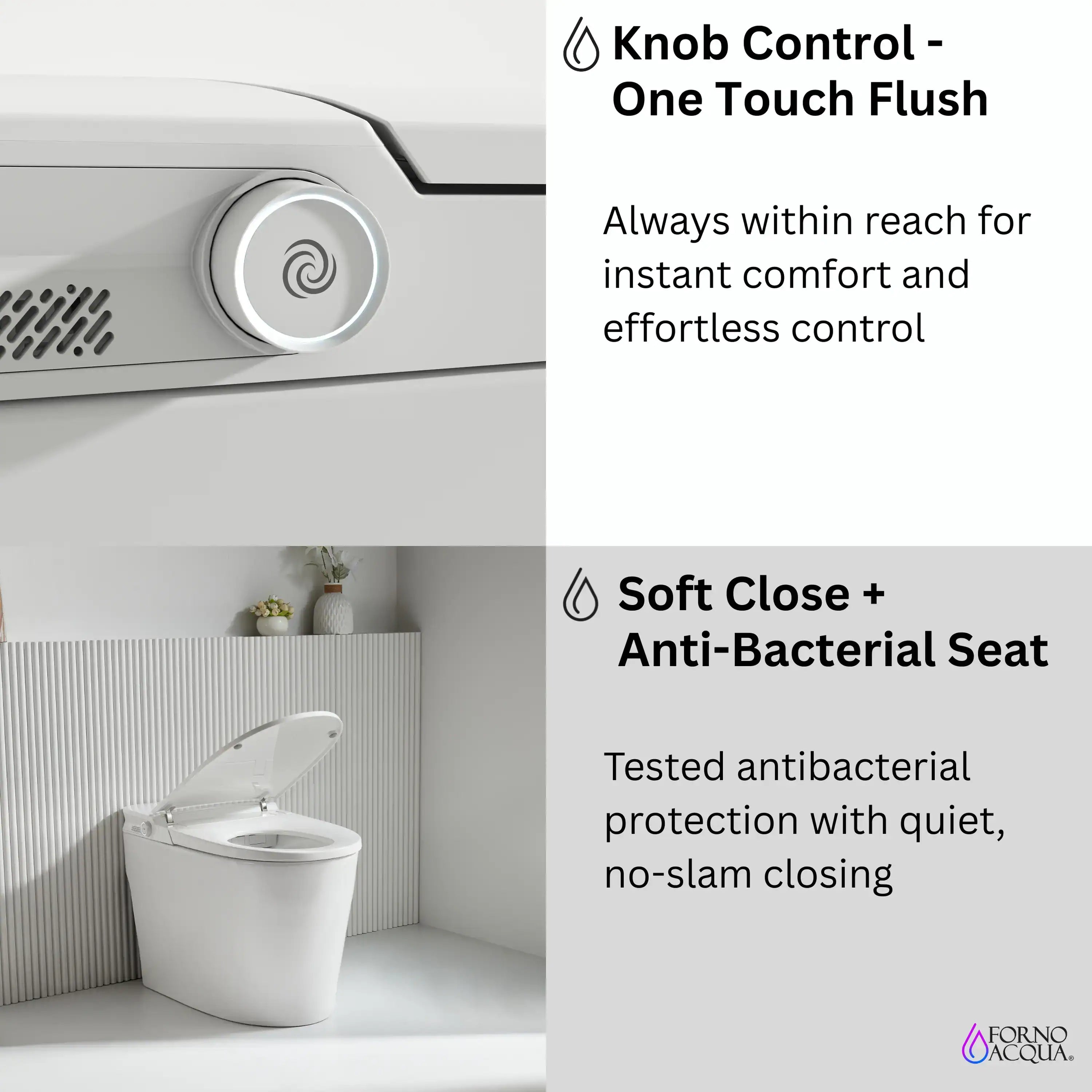 Smart toilet control knob and soft-close anti-bacterial seat, white exterior