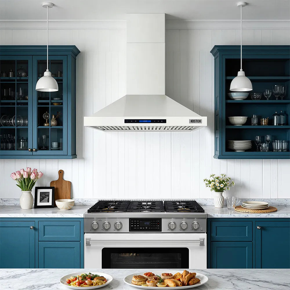 White convertible range hood installed over a gas cooktop in a modern kitchen setting