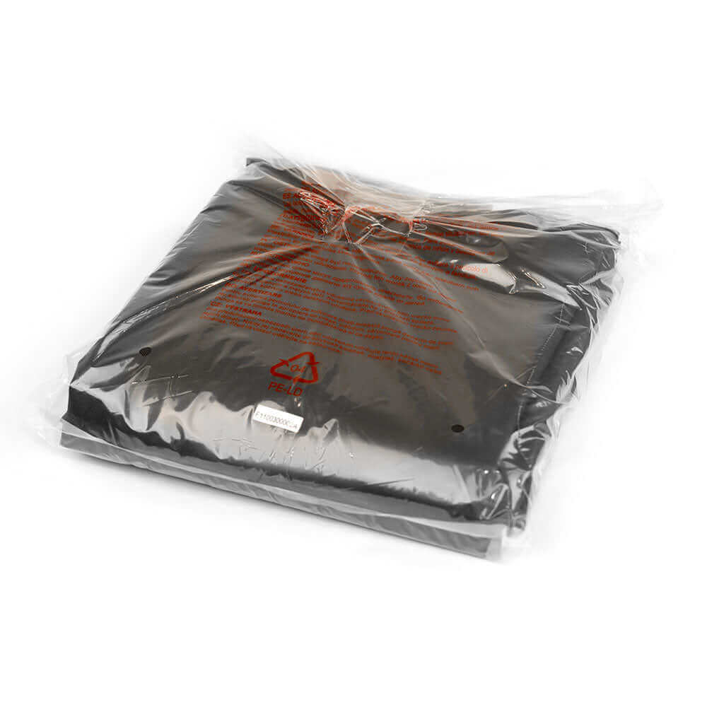 Black 4-burner gas grill cover in clear plastic packaging