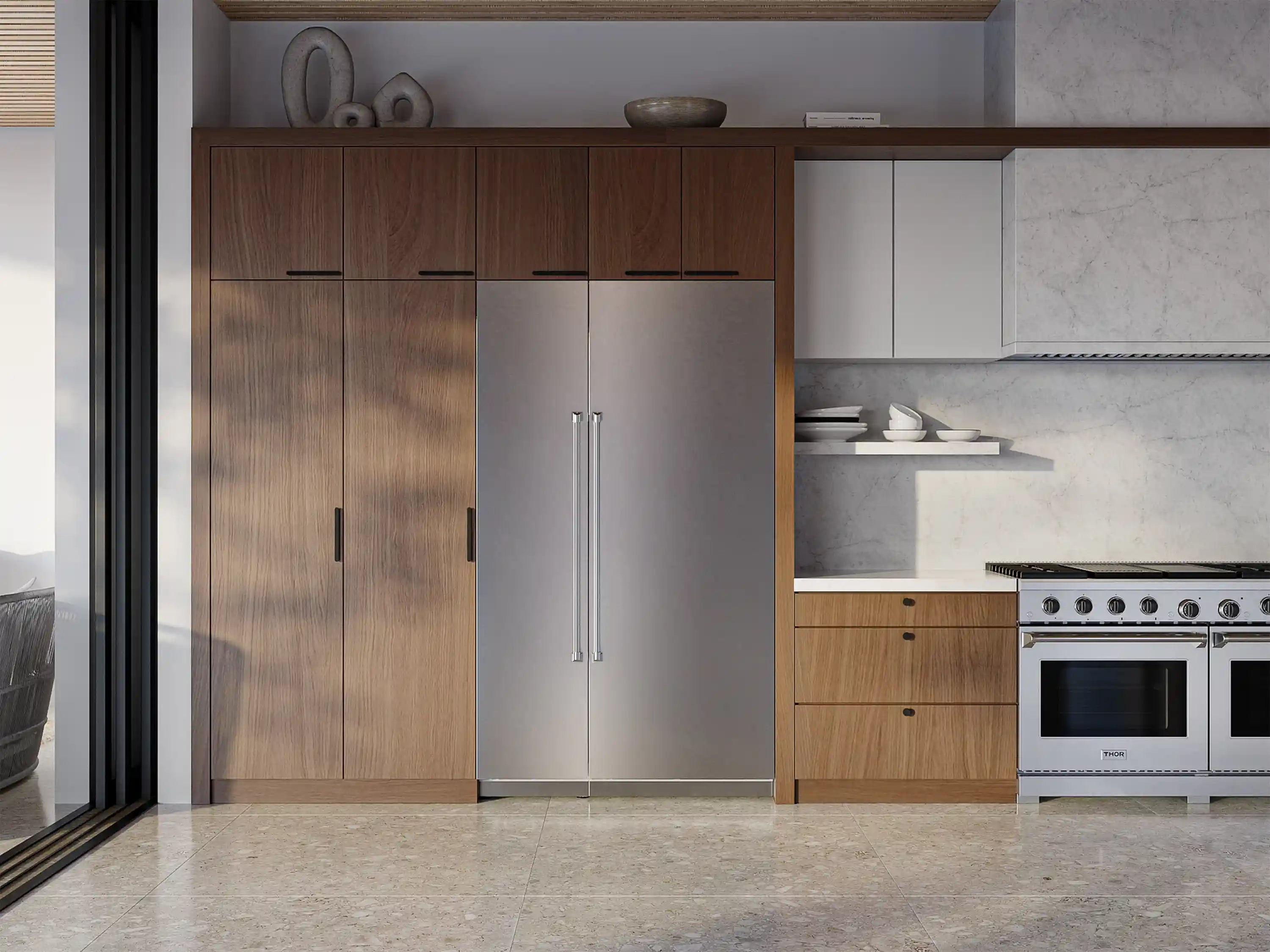 Stainless refrigerator column unit with vertical handles in a built-in layout