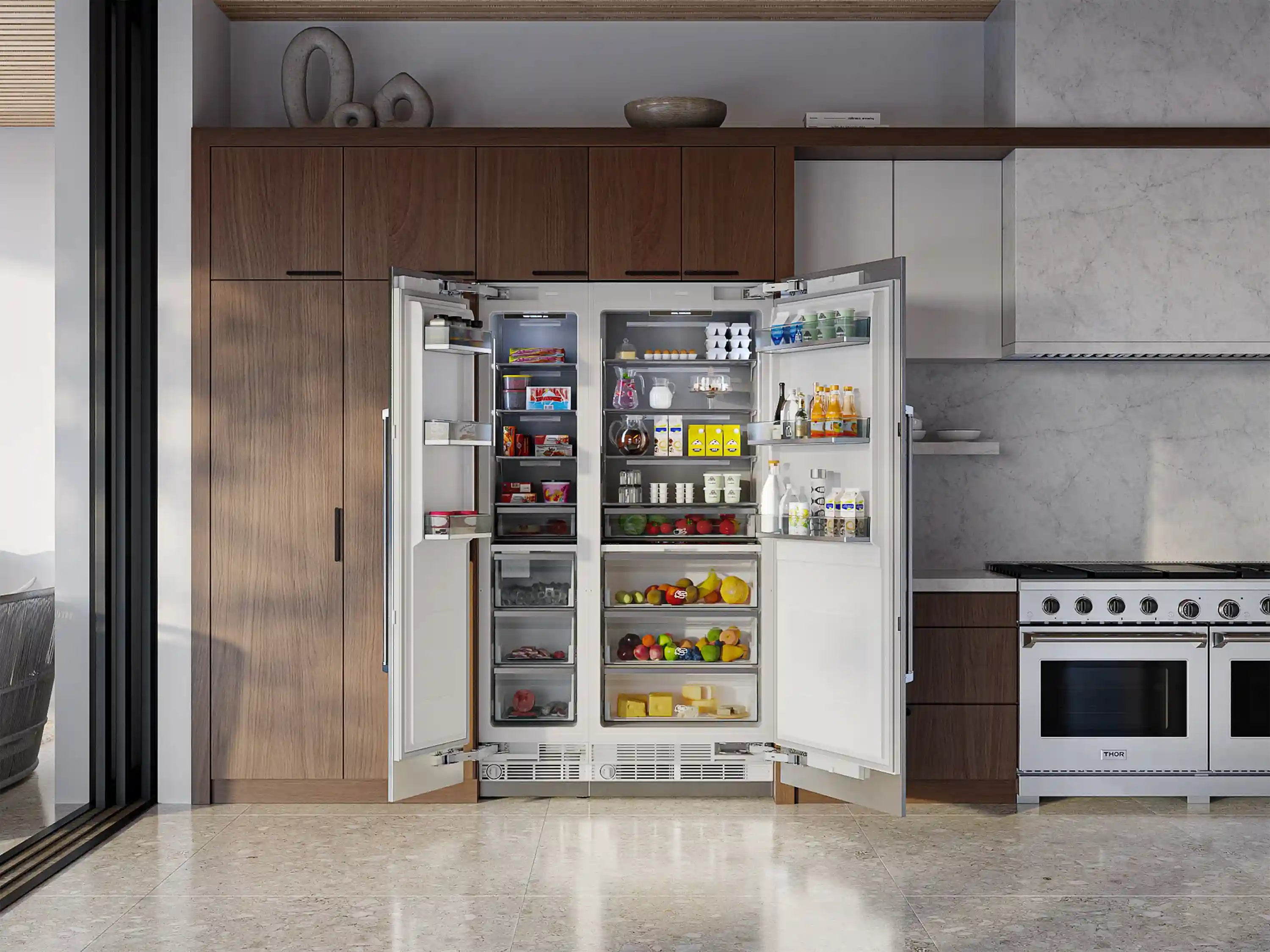 Panel-ready column refrigerator-freezer with both doors open, interior shelves and bins