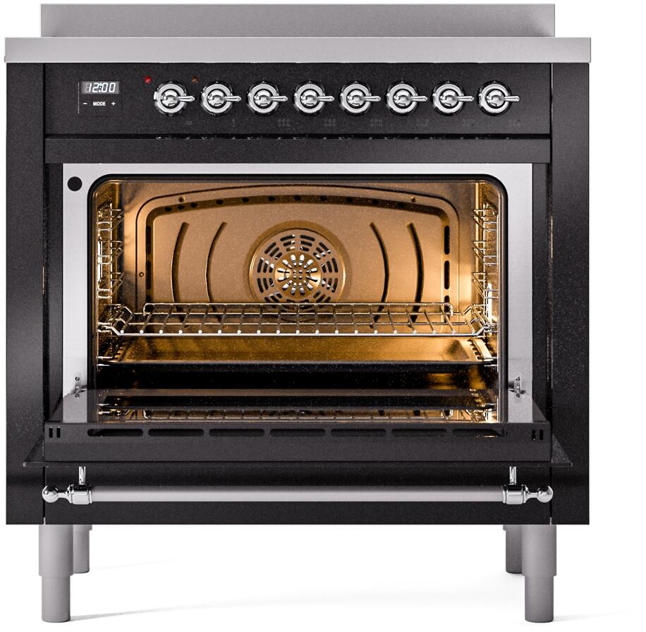 Induction range oven with black interior, open door, and chrome oven handle