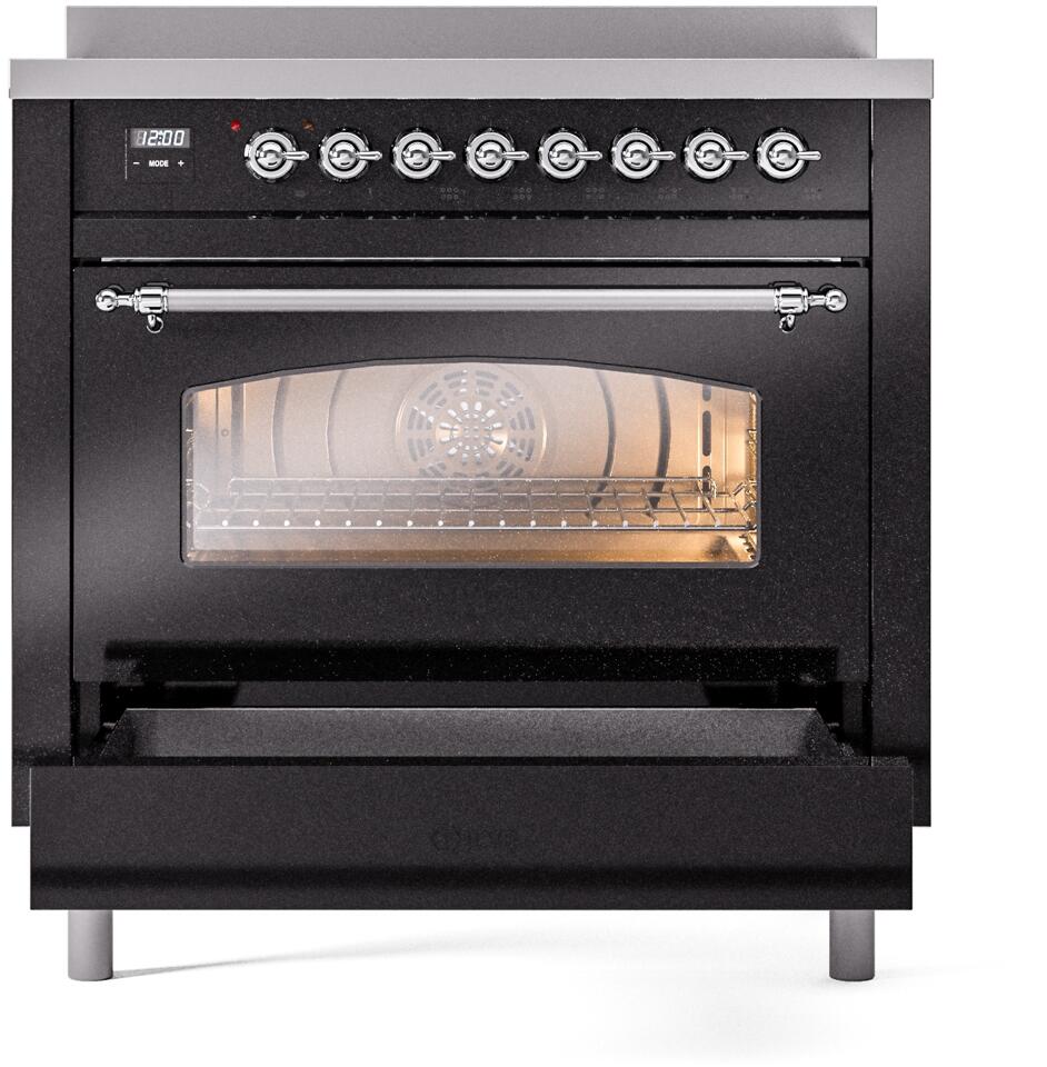 Freestanding induction range oven with glossy black door and visible glass window