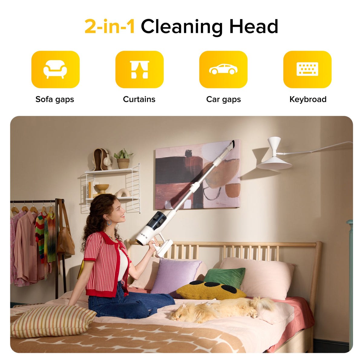 Cordless vacuum 2-in-1 cleaning head attachment for gaps and keyboard areas