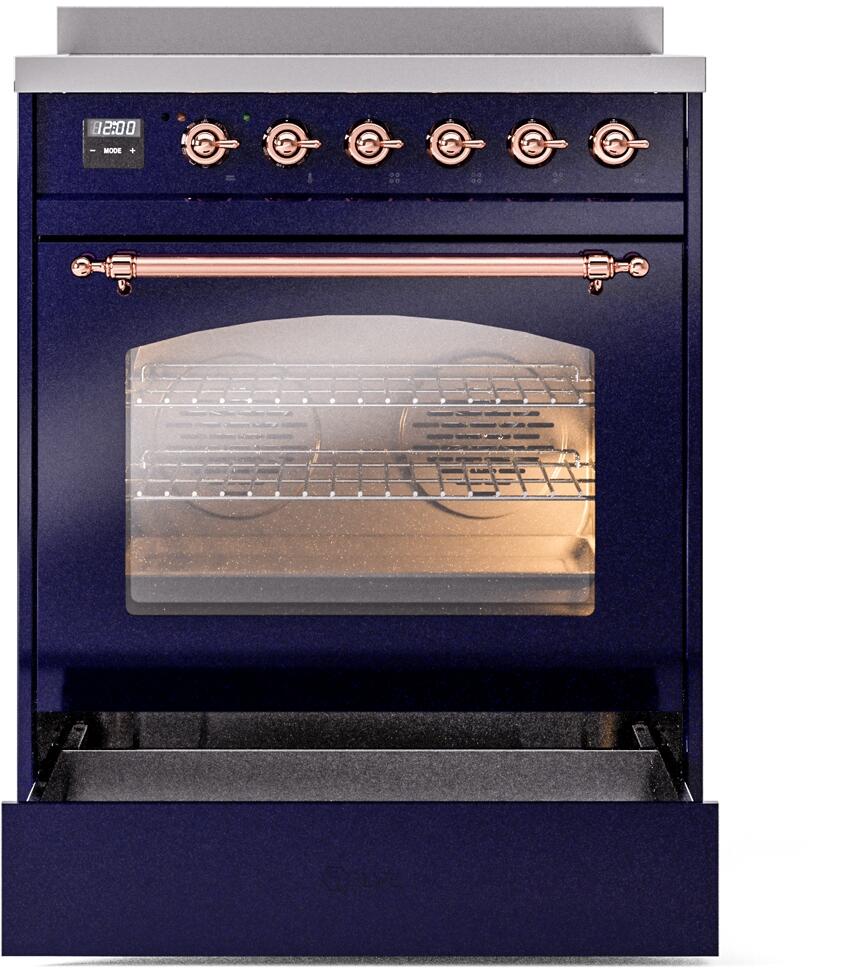 Induction range with open oven door and visible empty oven cavity