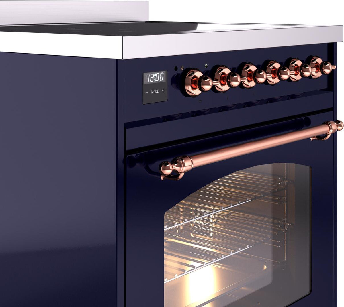 Induction range side view: copper knobs, long handle, and oven glass door