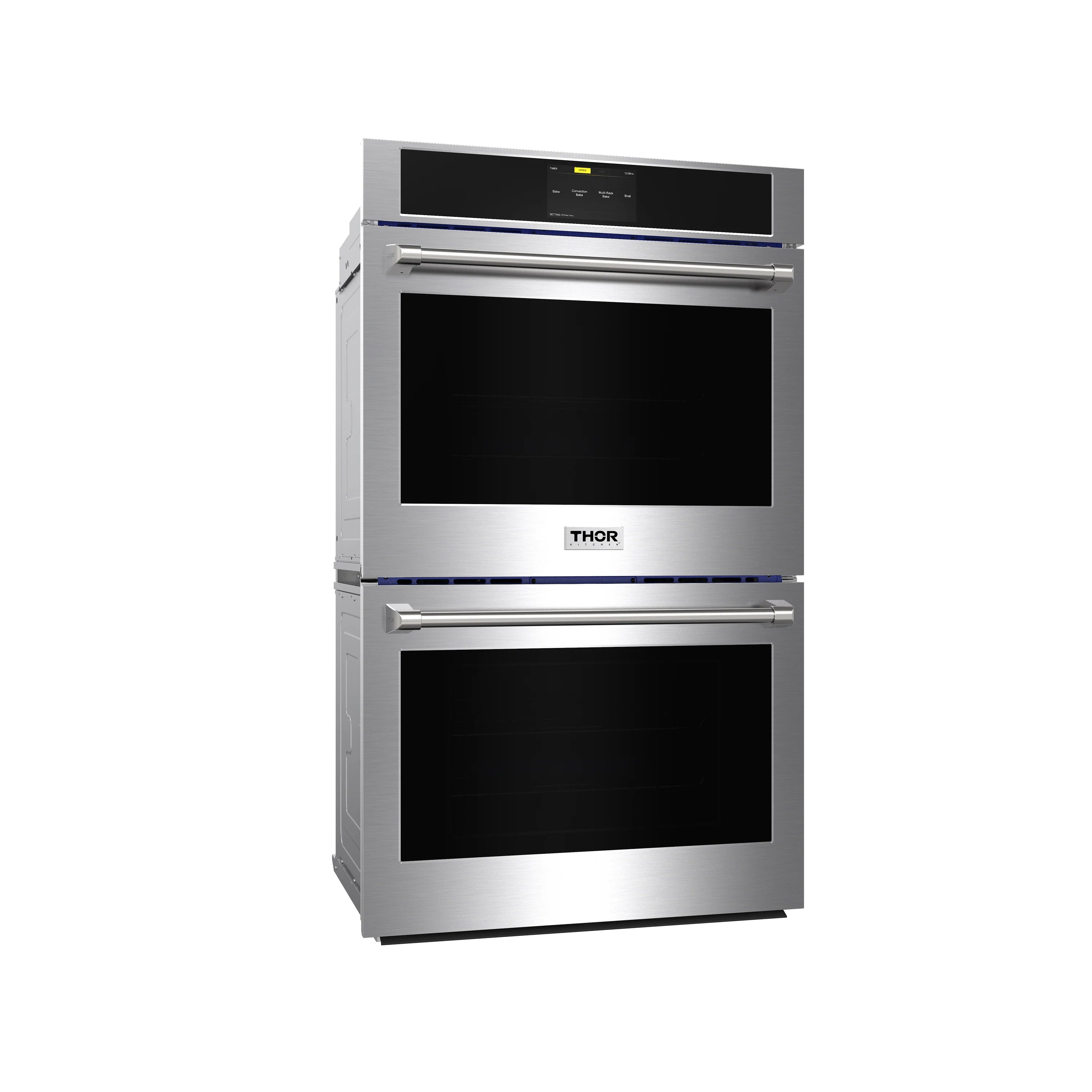 Stainless double wall oven with two black glass doors and control panel