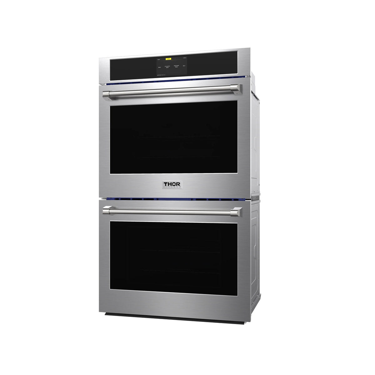 Stainless double wall oven with two black glass windows and stacked doors
