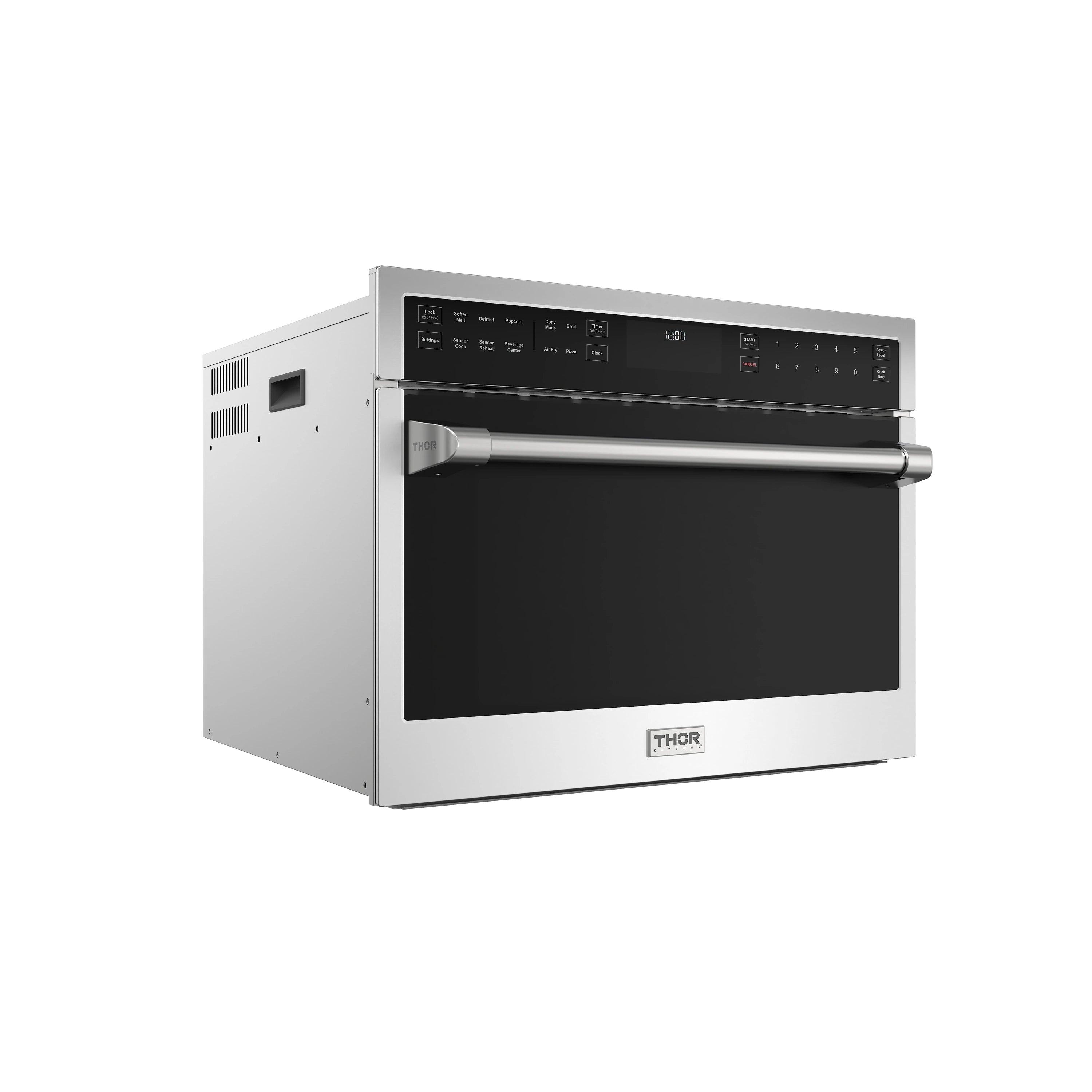 Stainless built-in air fry microwave oven with drop-down door and side vent openings