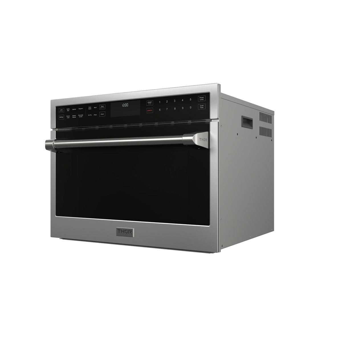 Stainless built-in air fry microwave oven with control panel and drop-down door closed