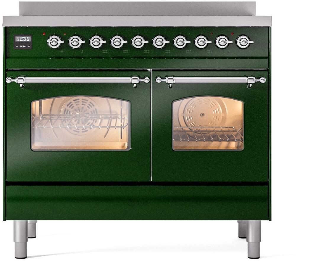 Emerald green electric induction range with chrome handles and control panel, two oven doors