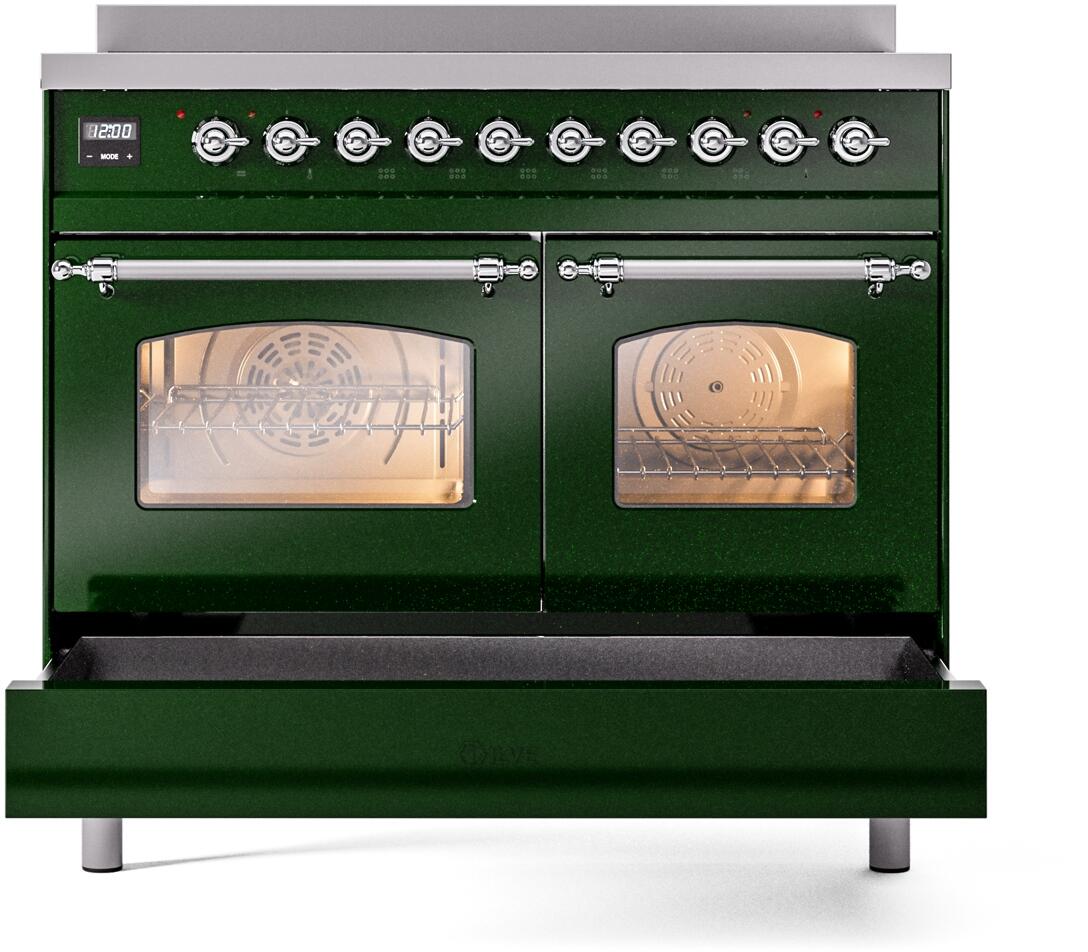 Emerald green electric induction range with two closed oven doors and chrome pull handles