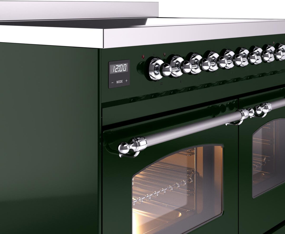 Emerald green range control knobs with chrome accents and oven door window