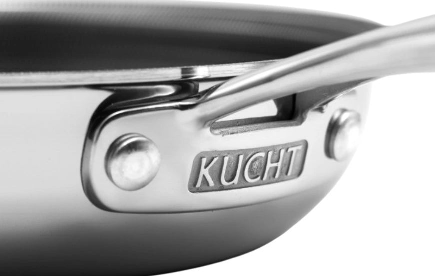 KUCHT non-stick skillet close-up, stainless handle and rivets
