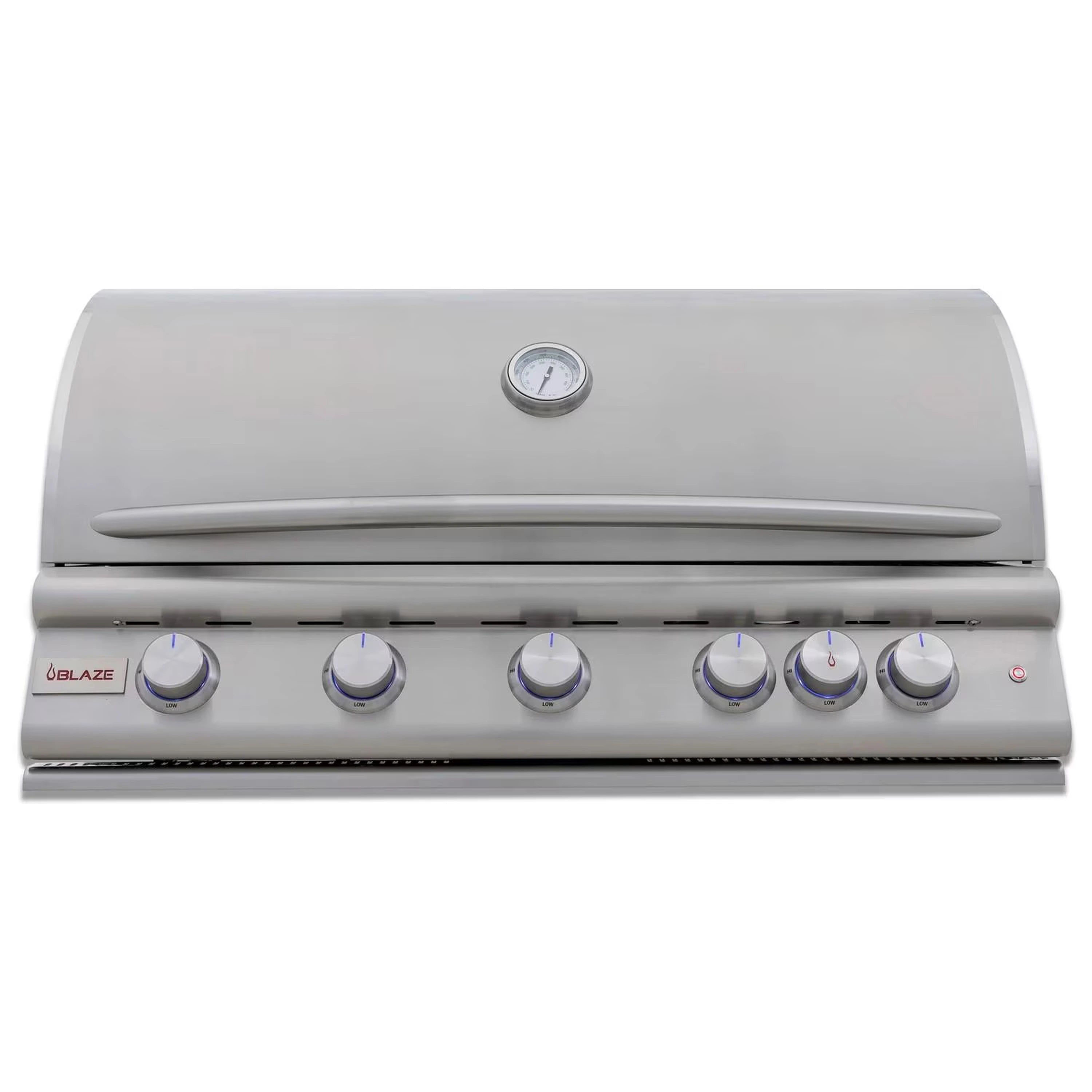 Stainless steel propane gas grill with control knobs and closed hood