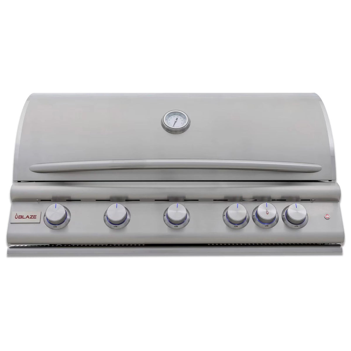 Stainless steel gas grill front view with lid, thermometer, and burner knobs
