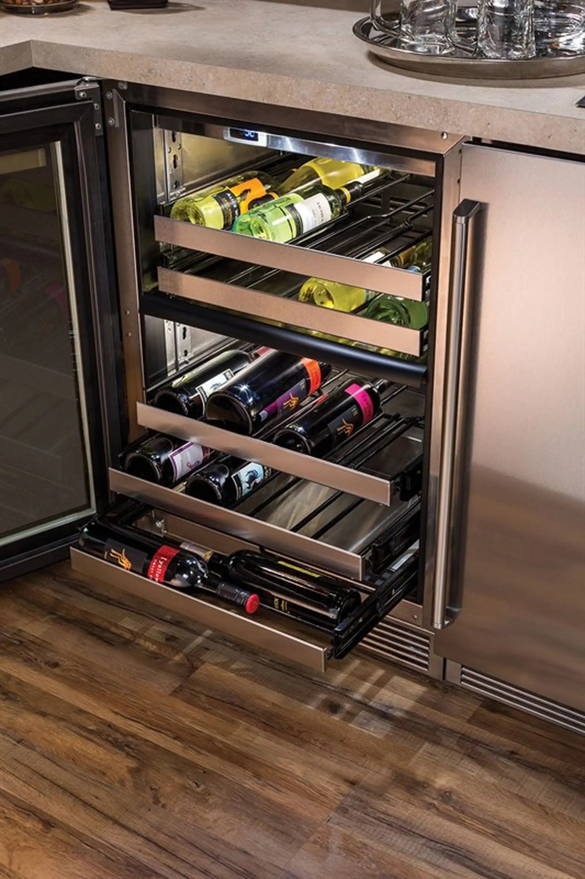 Perlick wine shelf cabinet open, shelves display bottles in horizontal slots