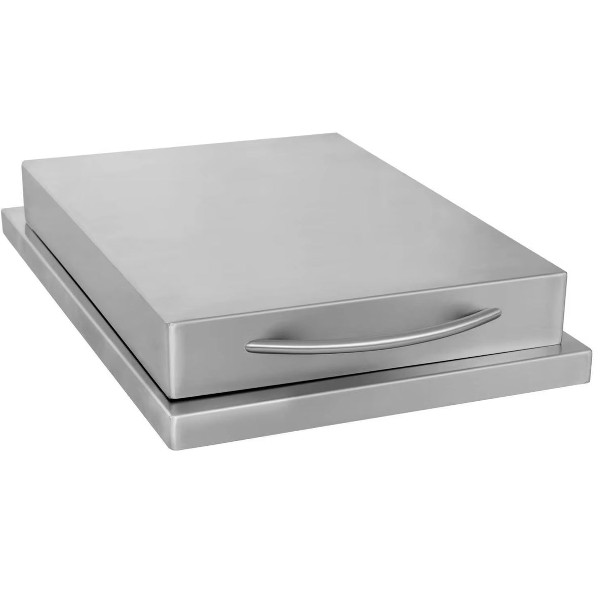 Stainless drop-in side burner lid with long curved handle on base