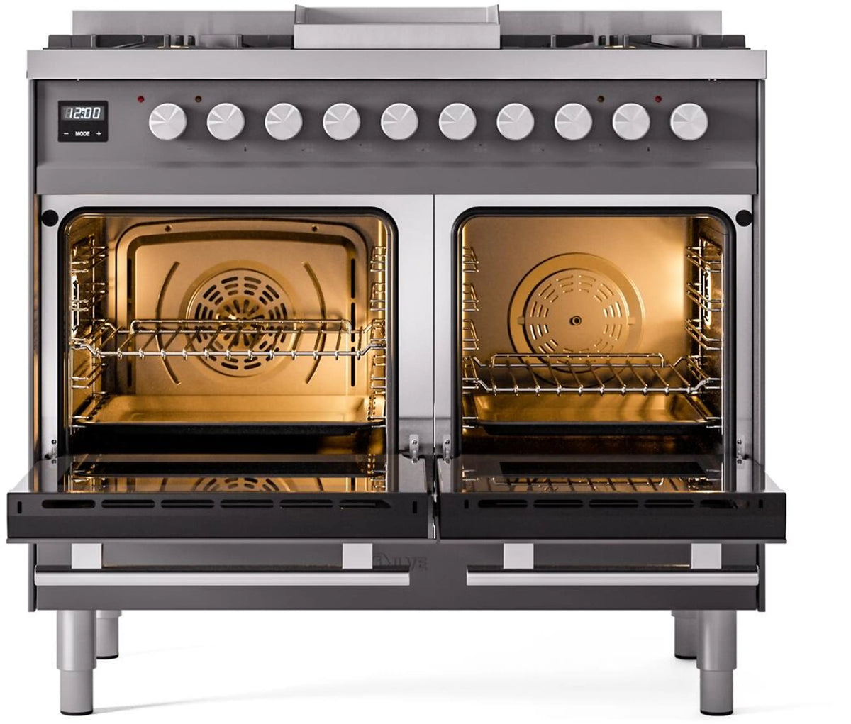 Dual-fuel range with both ovens open, showing racks and interior fan