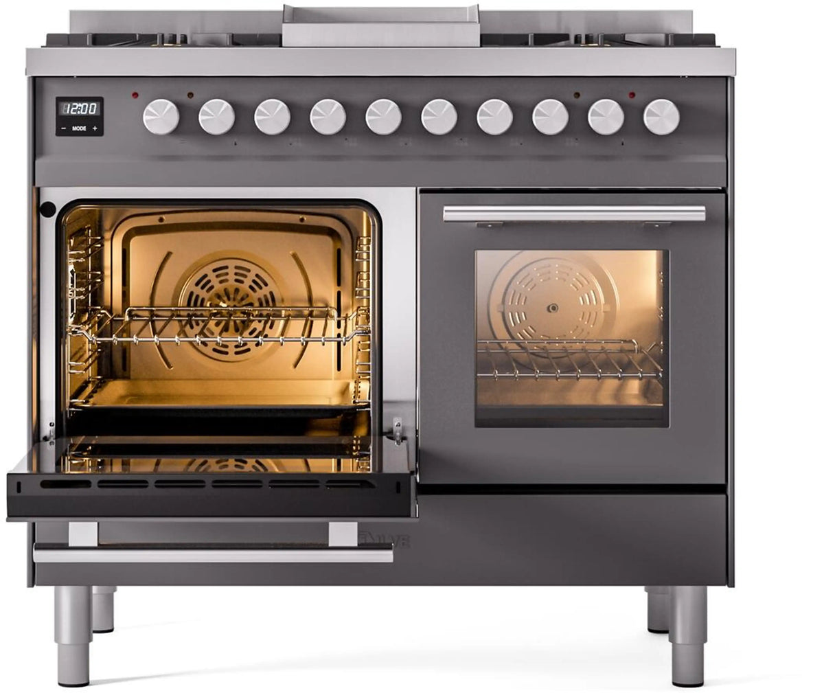 Matte graphite range with left oven open and right oven closed, interior racks visible