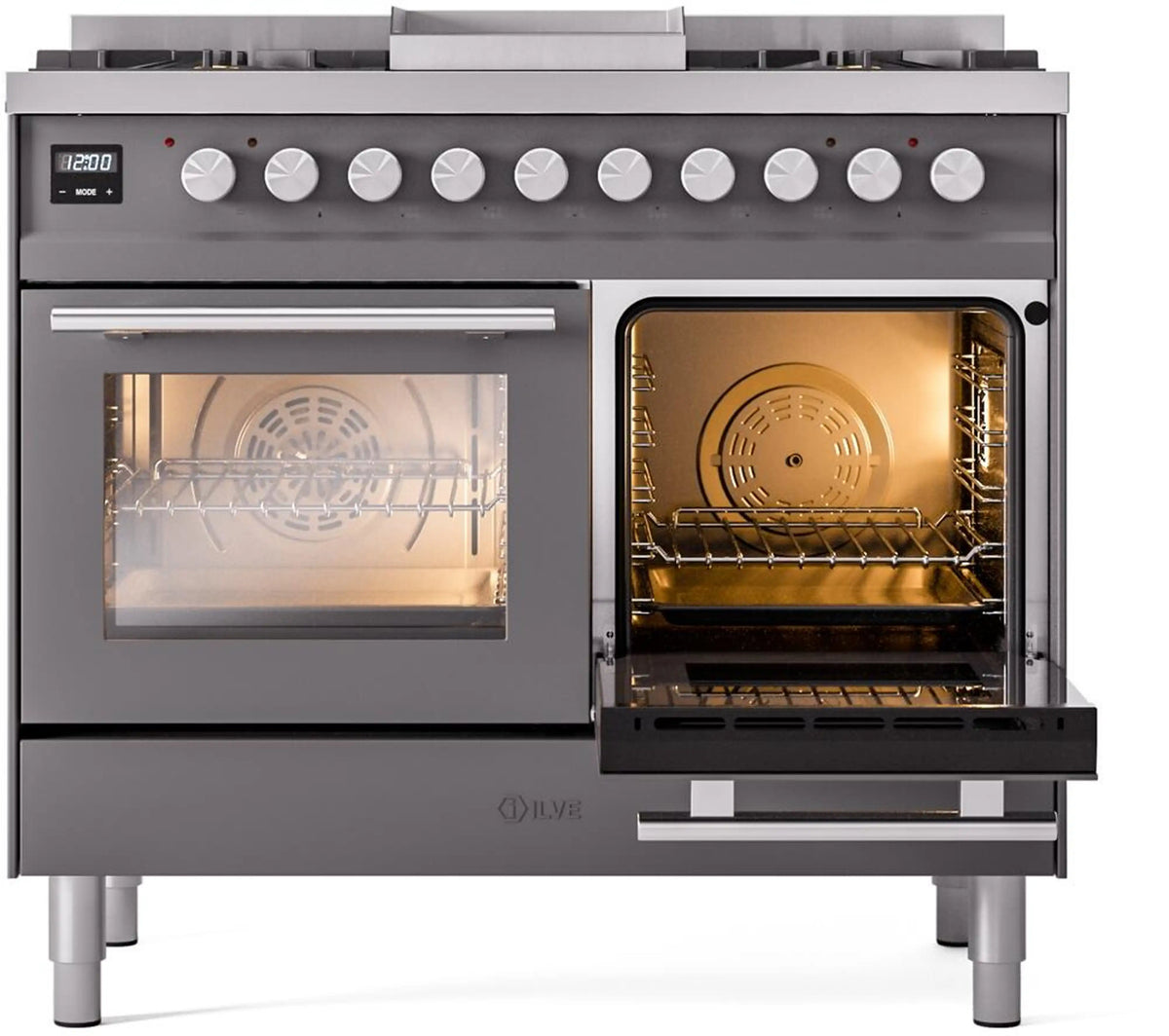 Matte graphite range with right oven open and left oven closed, visible racks inside
