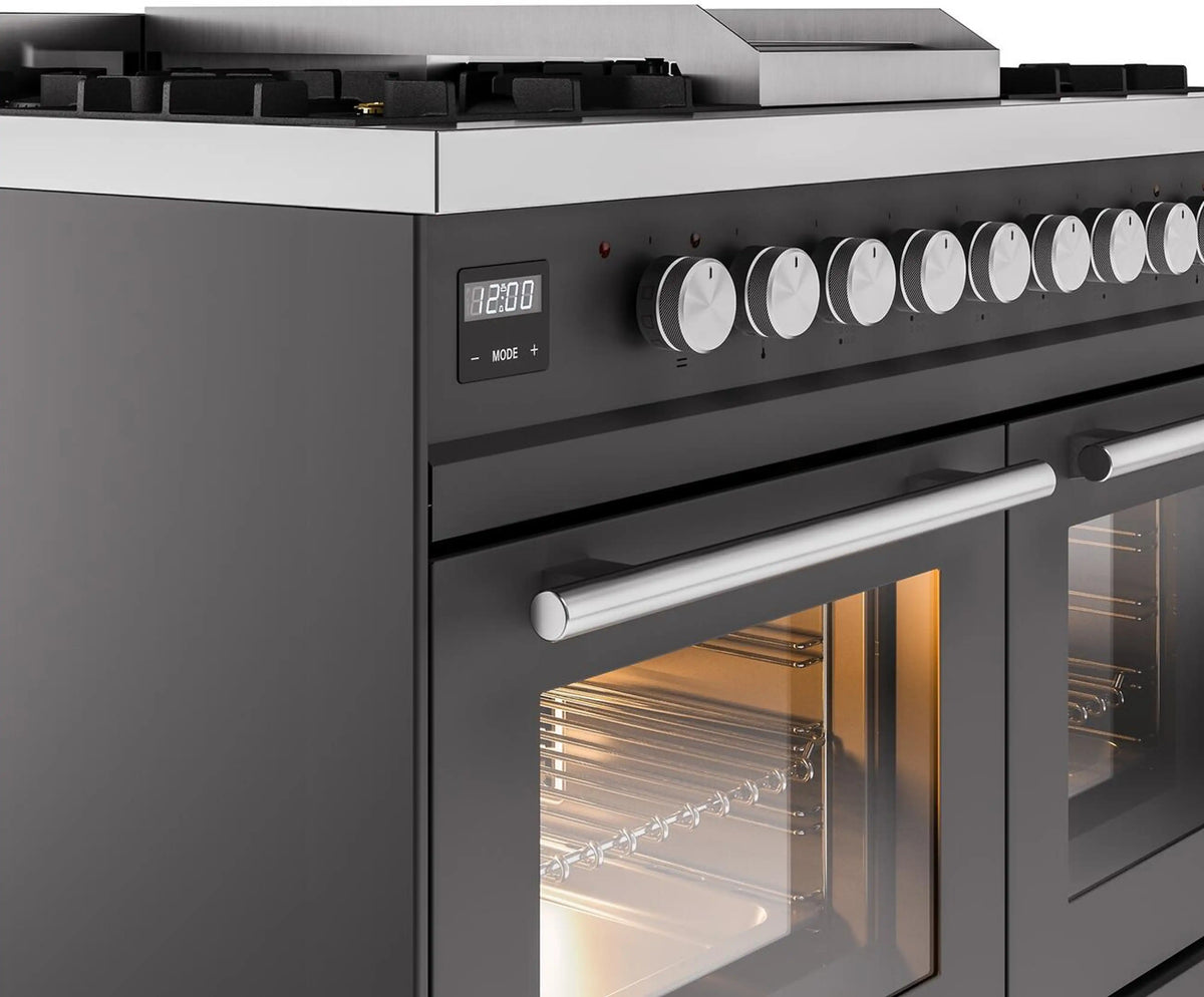 Matte graphite dual-fuel range control knobs and brushed metal oven handle