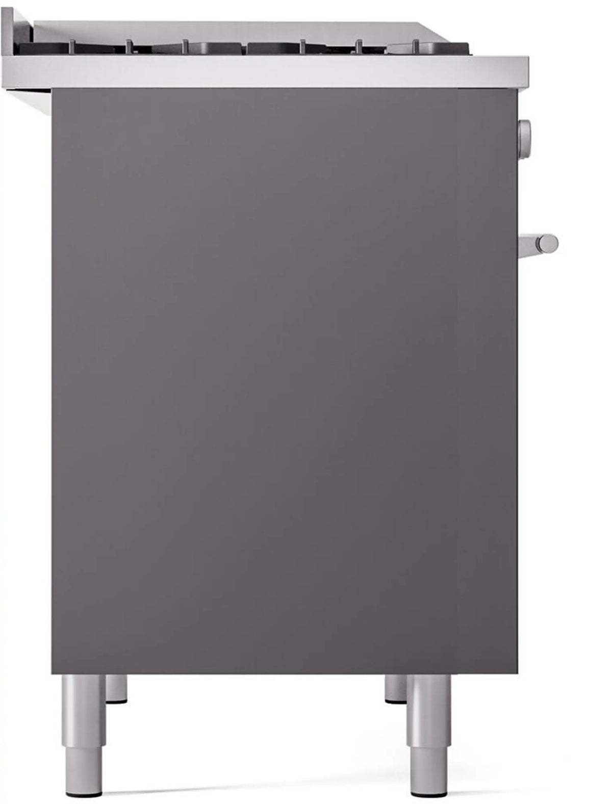 Matte graphite freestanding gas range side panel with silver legs